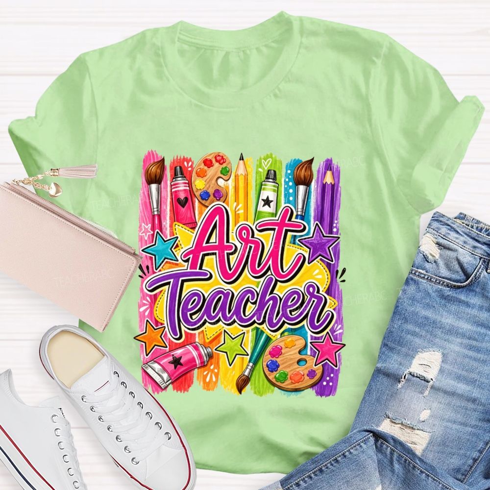 Art Teacher Colorful Paint Strokes Paint Palette Brush Pencil Star Teacher T-shirt