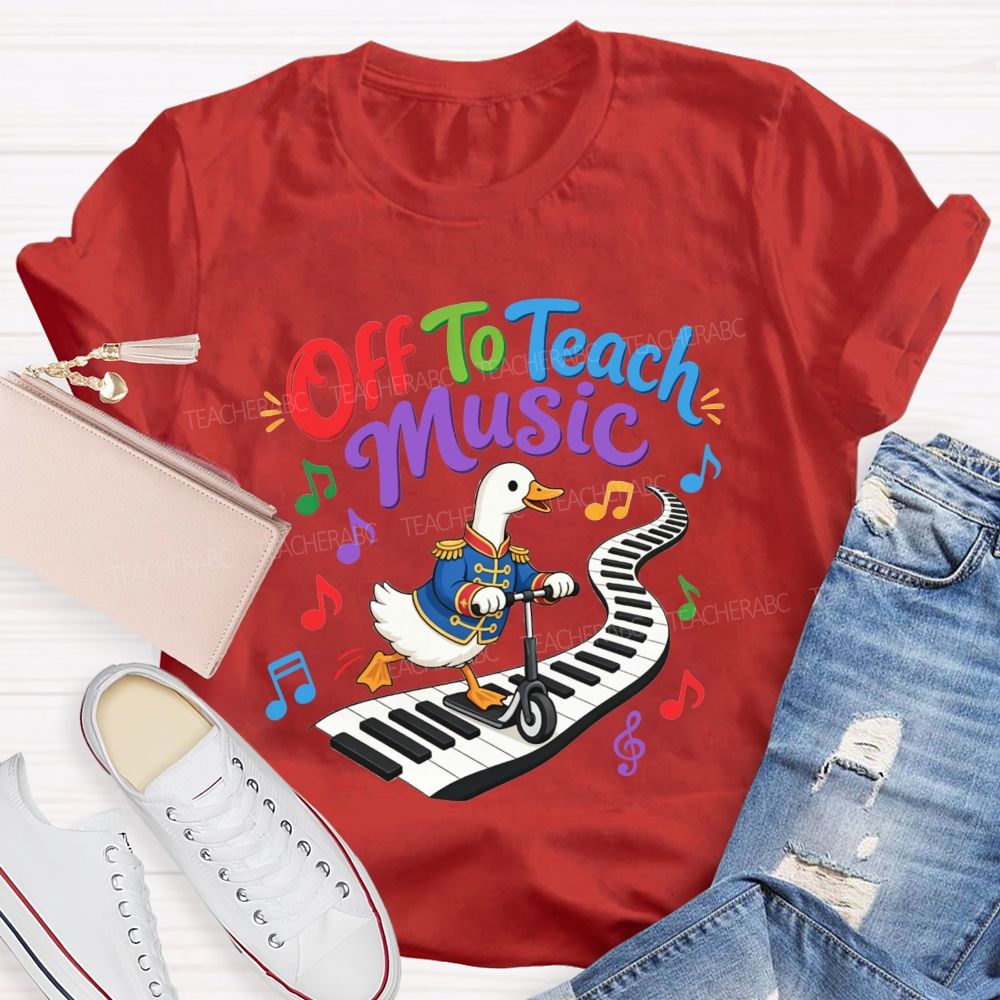 Off To Teach Music Cute Duck Scooter Piano Keyboard Music Teacher T-shirt