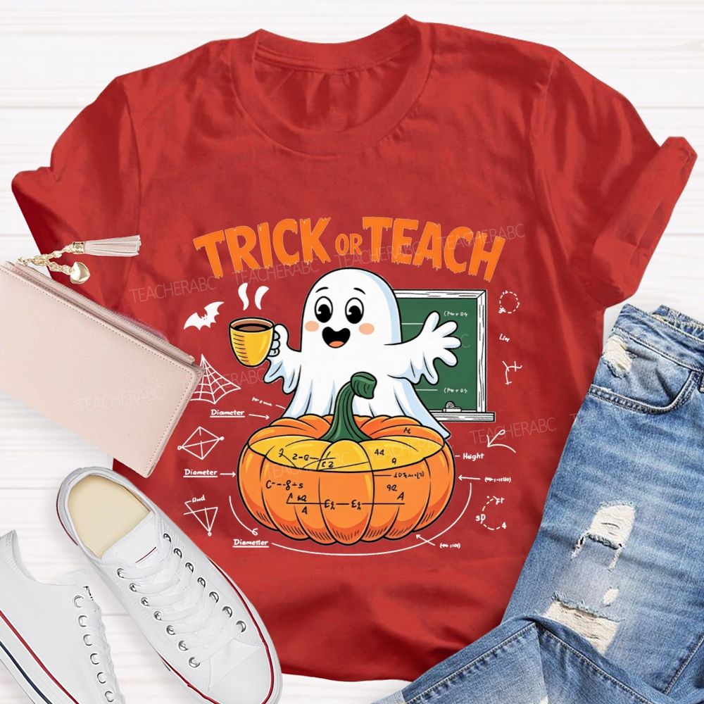Trick Or Teach Cute Ghost Coffee Pumpkin Math Teacher T-shirt