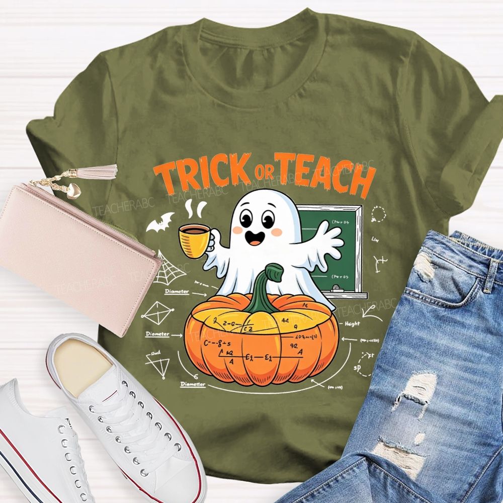 Trick Or Teach Cute Ghost Coffee Pumpkin Math Teacher T-shirt