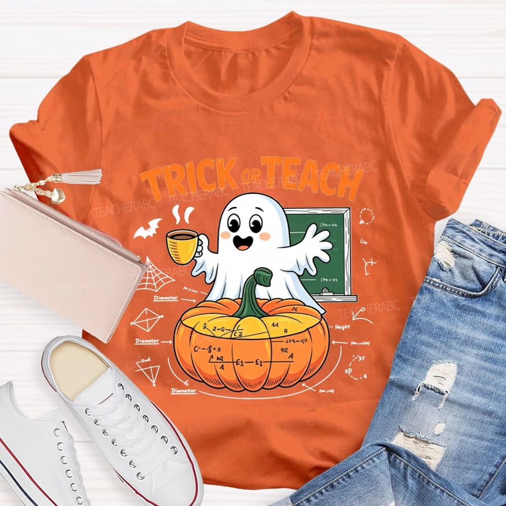 Trick Or Teach Cute Ghost Coffee Pumpkin Math Teacher T-shirt