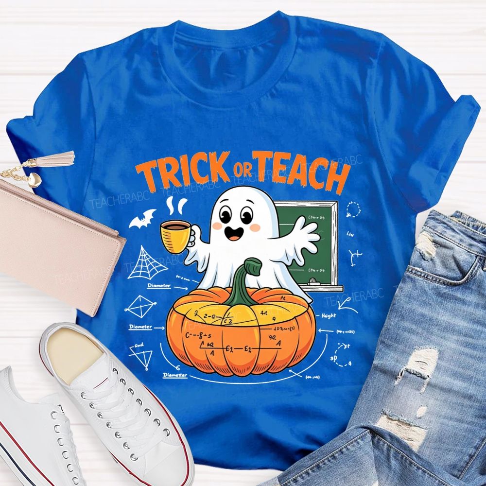 Trick Or Teach Cute Ghost Coffee Pumpkin Math Teacher T-shirt