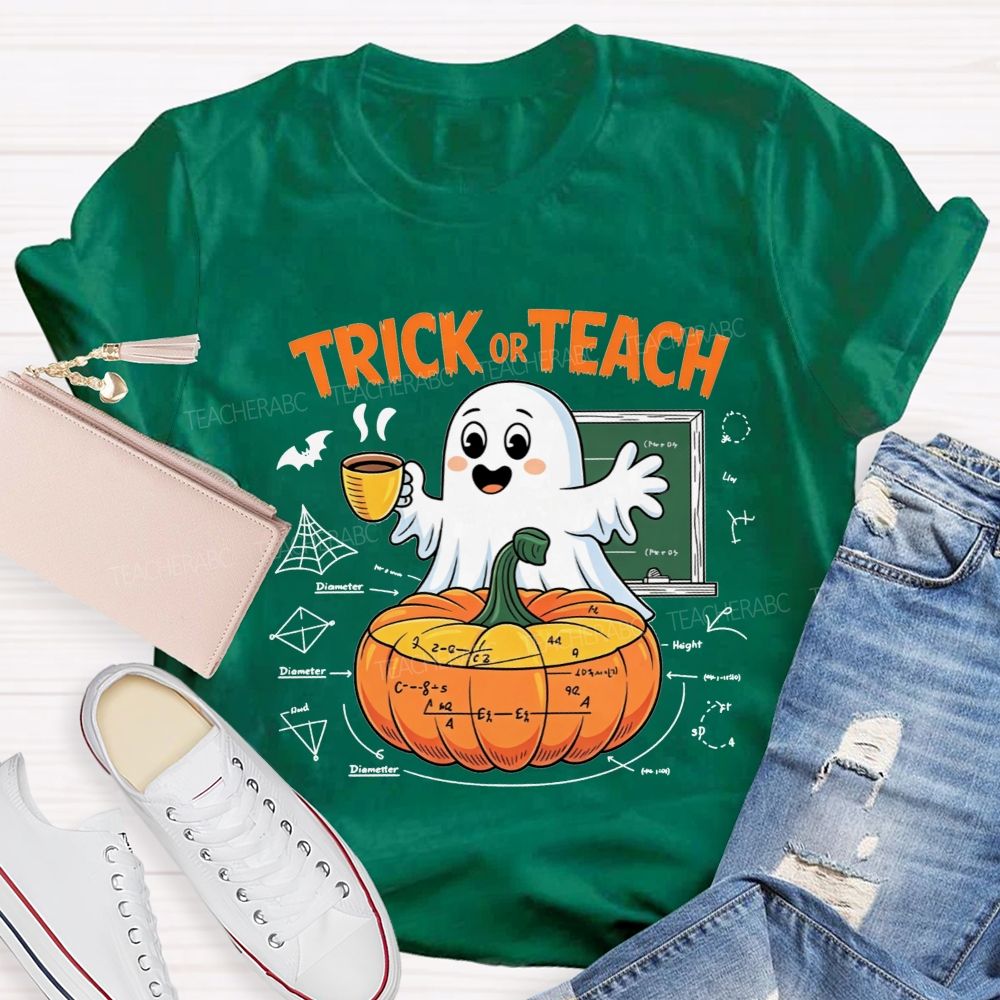 Trick Or Teach Cute Ghost Coffee Pumpkin Math Teacher T-shirt