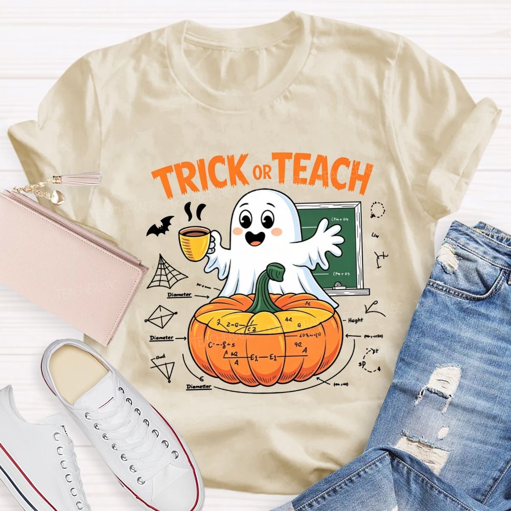 Trick Or Teach Cute Ghost Coffee Pumpkin Math Teacher T-shirt