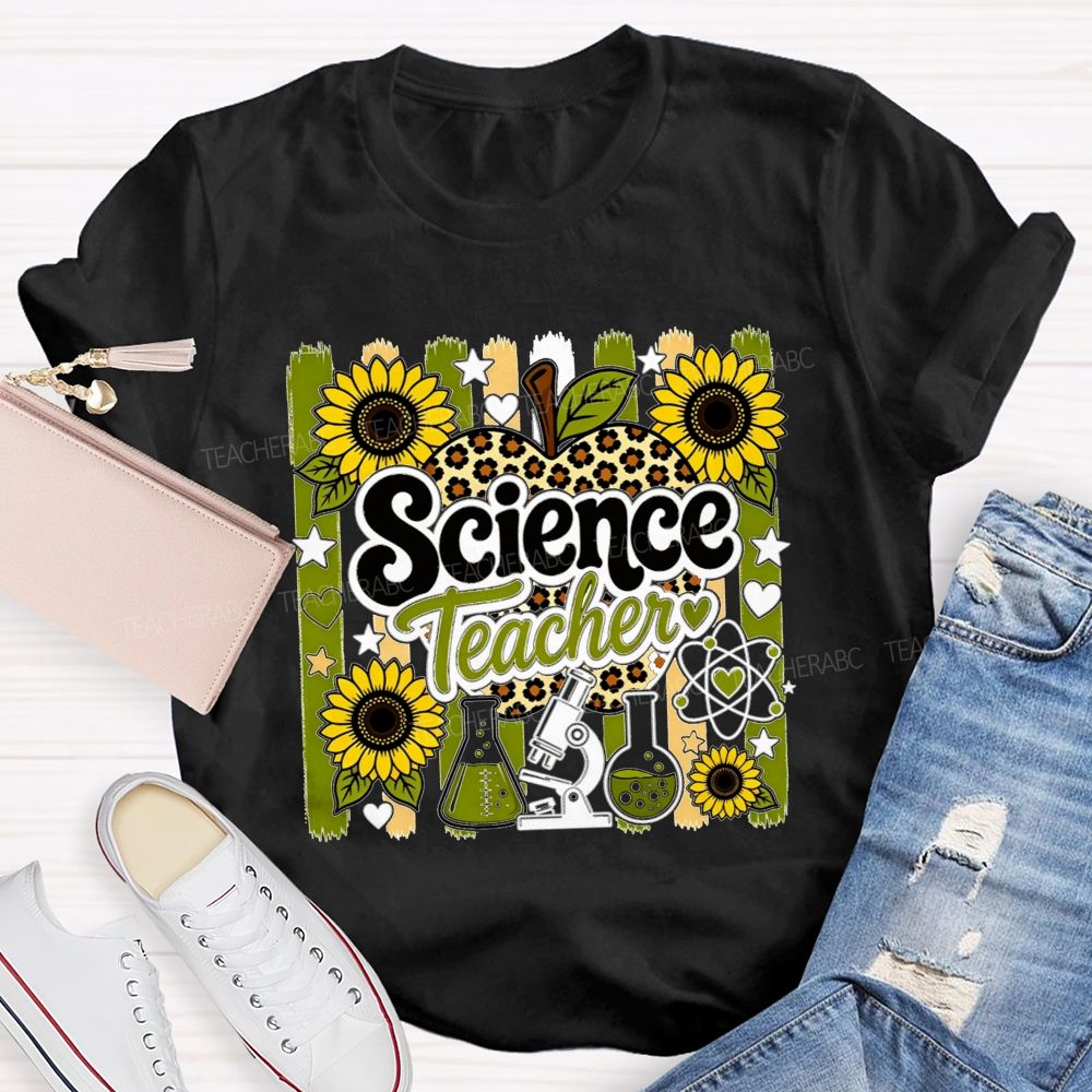 Science Teacher Sunflower Leopard Apple Microscope Beaker Teacher T-shirt