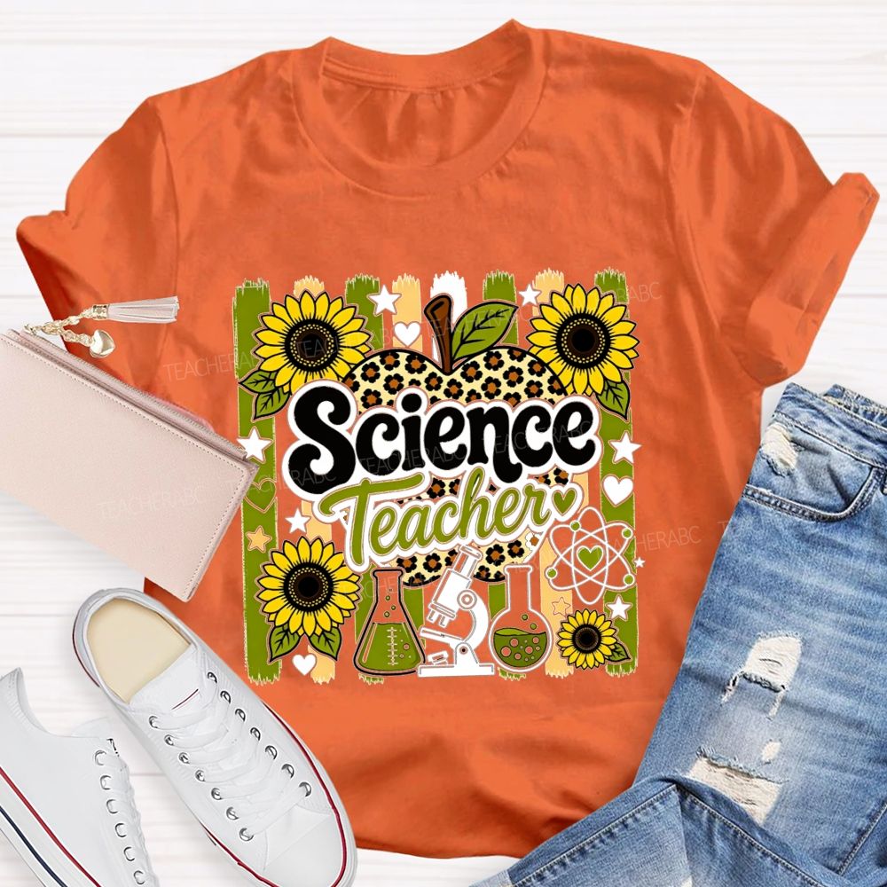 Science Teacher Sunflower Leopard Apple Microscope Beaker Teacher T-shirt