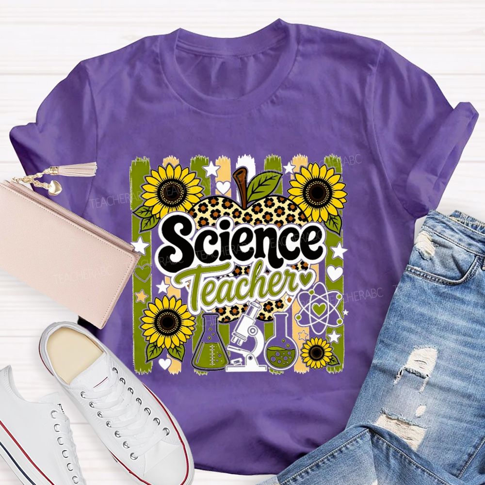 Science Teacher Sunflower Leopard Apple Microscope Beaker Teacher T-shirt