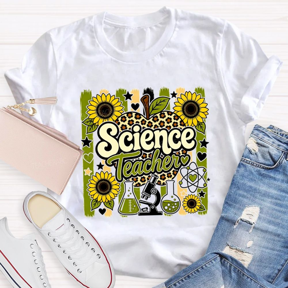 Science Teacher Sunflower Leopard Apple Microscope Beaker Teacher T-shirt
