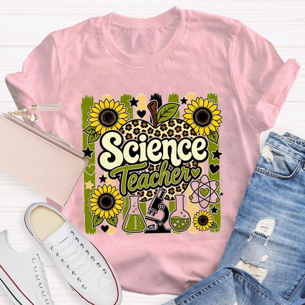 Science Teacher Sunflower Leopard Apple Microscope Beaker Teacher T-shirt
