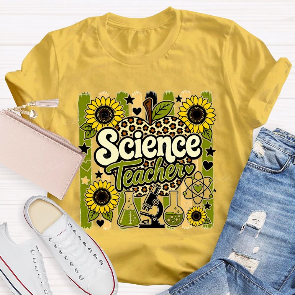 Science Teacher Sunflower Leopard Apple Microscope Beaker Teacher T-shirt