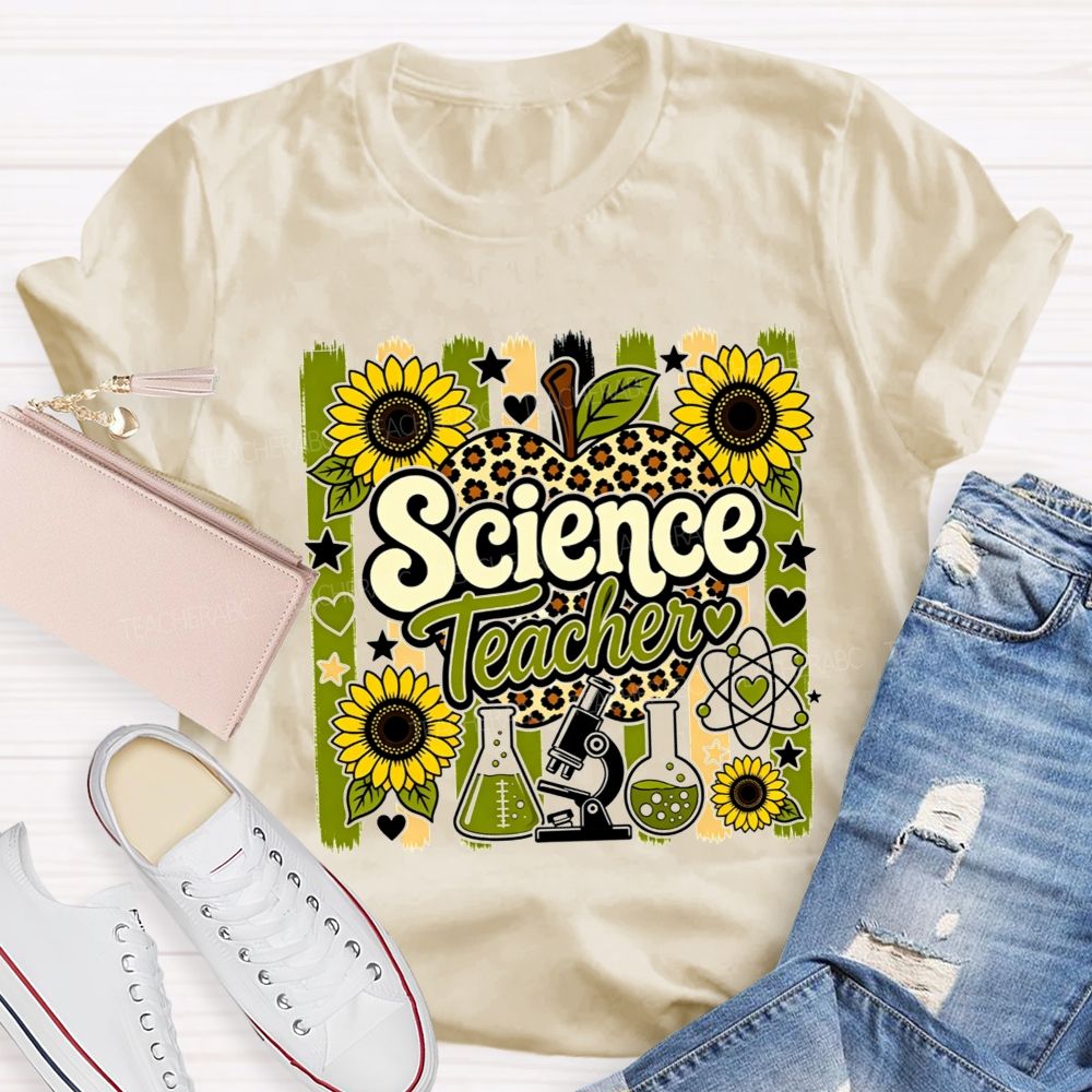 Science Teacher Sunflower Leopard Apple Microscope Beaker Teacher T-shirt