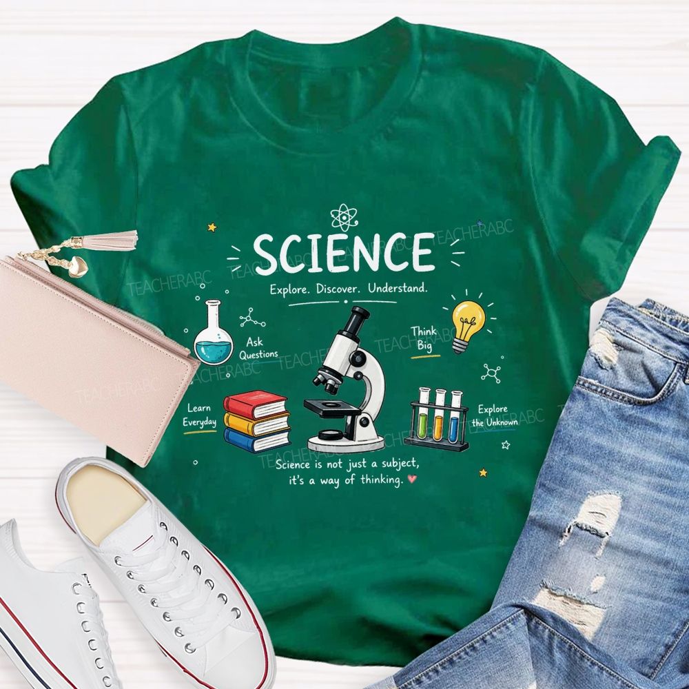 Science Explore Discover Understand Microscope Book Beaker Light Bulb Teacher T-shirt