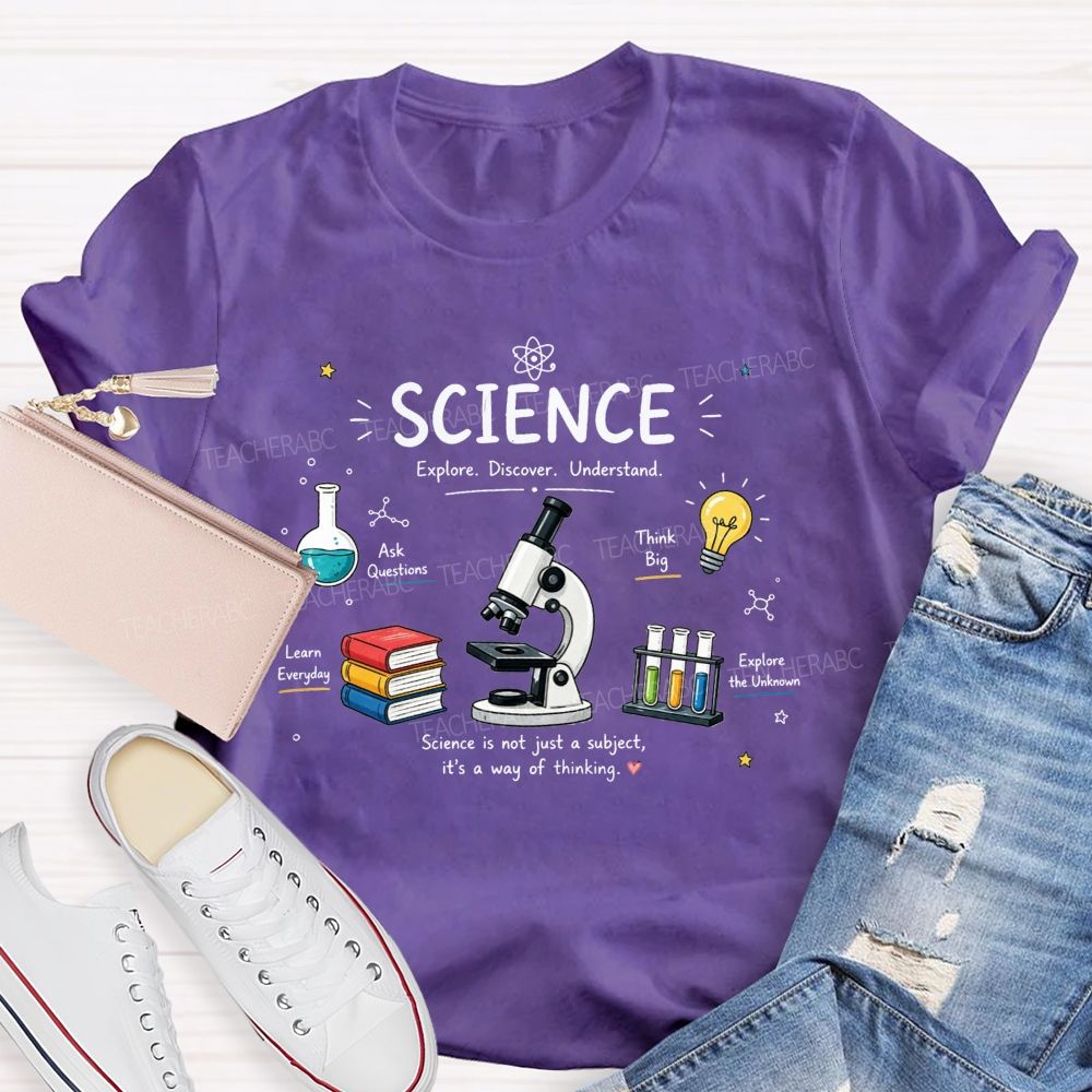 Science Explore Discover Understand Microscope Book Beaker Light Bulb Teacher T-shirt