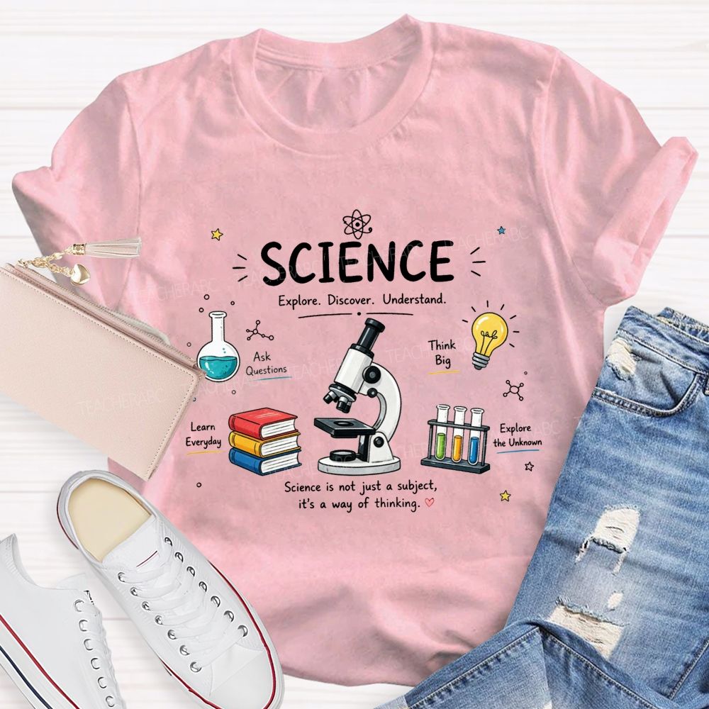 Science Explore Discover Understand Microscope Book Beaker Light Bulb Teacher T-shirt