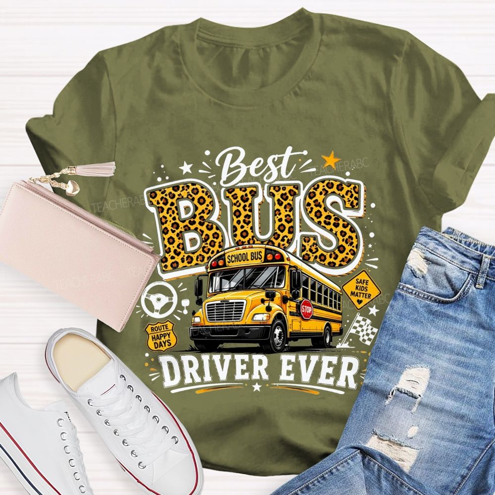 Best Bus Driver Ever Leopard Print School Bus T-shirt