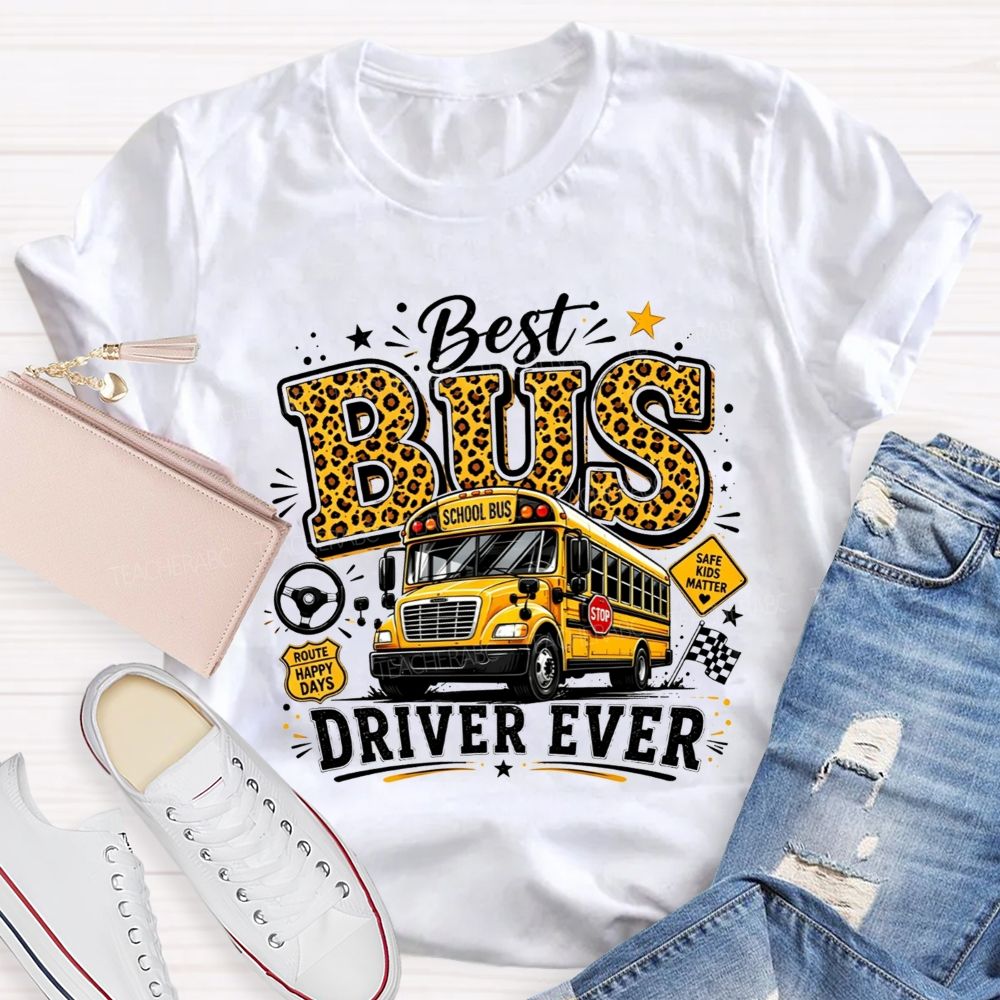 Best Bus Driver Ever Leopard Print School Bus T-shirt