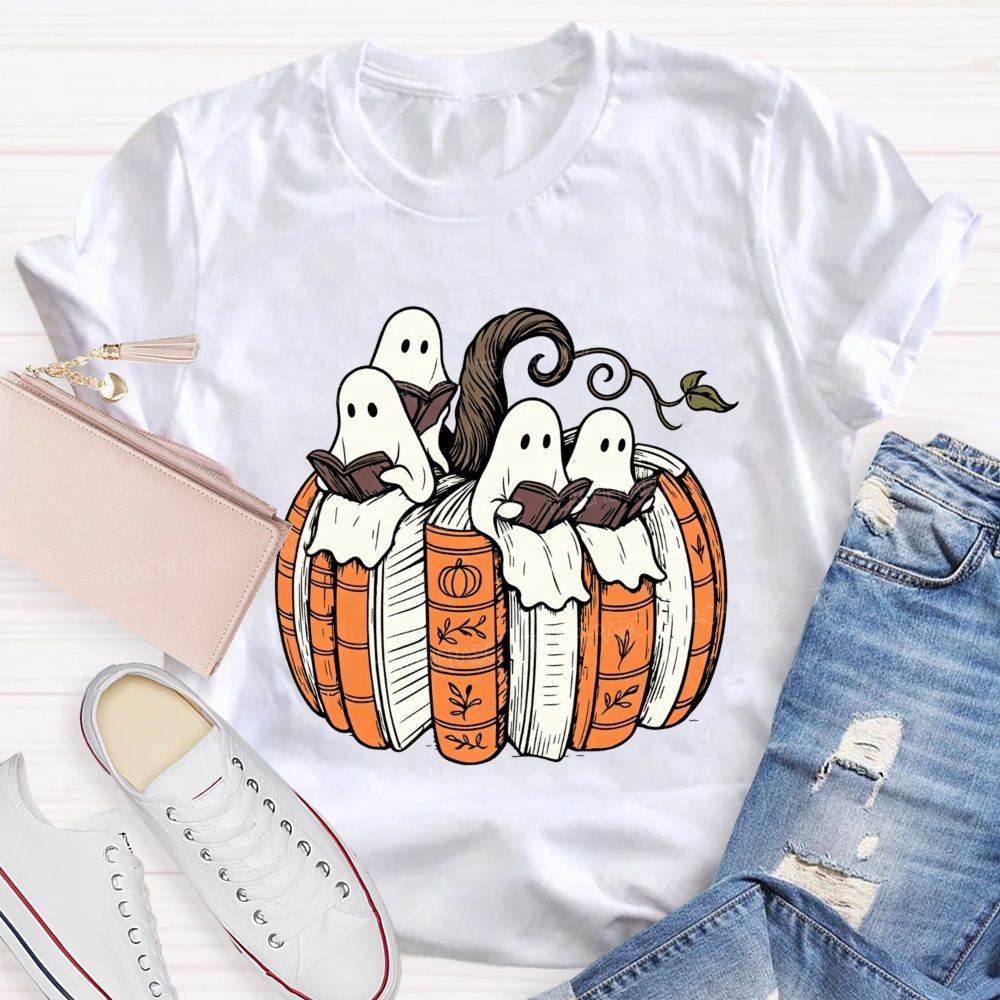 Ghosts Reading Book Pumpkin Halloween Teacher T-shirt