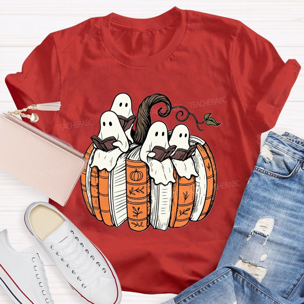 Ghosts Reading Book Pumpkin Halloween Teacher T-shirt