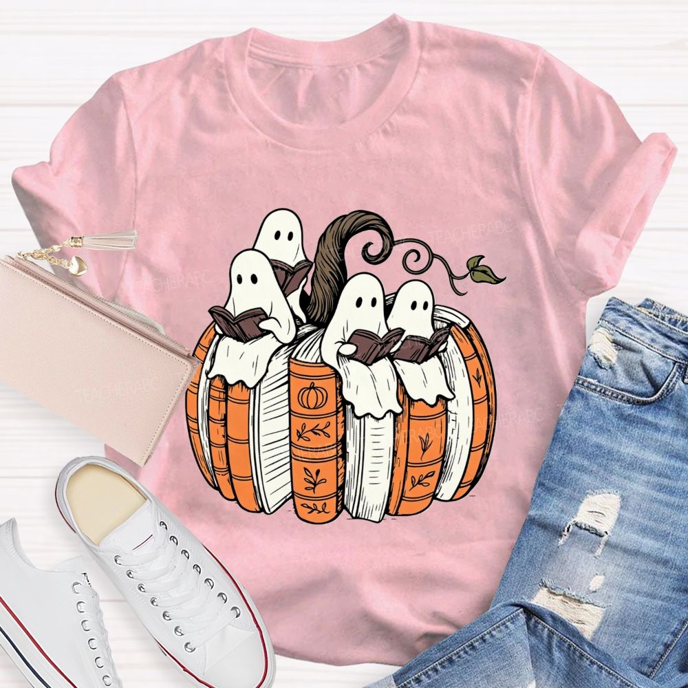 Ghosts Reading Book Pumpkin Halloween Teacher T-shirt