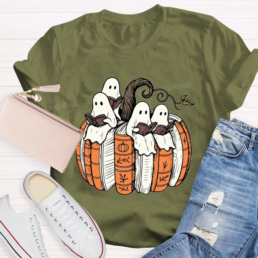 Ghosts Reading Book Pumpkin Halloween Teacher T-shirt