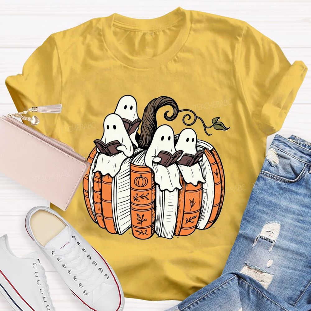 Ghosts Reading Book Pumpkin Halloween Teacher T-shirt