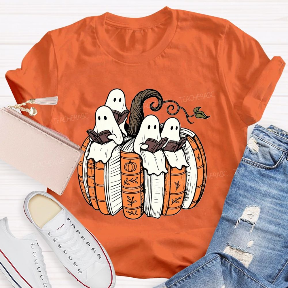 Ghosts Reading Book Pumpkin Halloween Teacher T-shirt