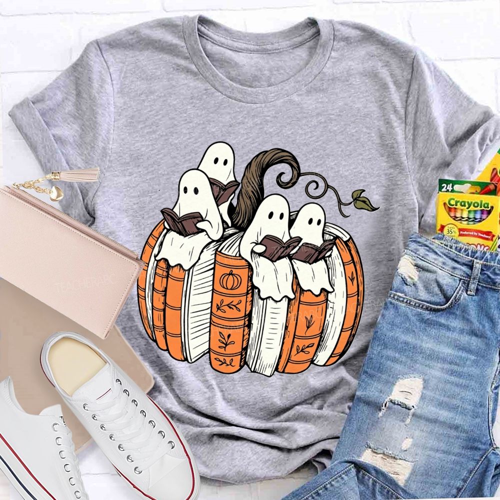 Ghosts Reading Book Pumpkin Halloween Teacher T-shirt