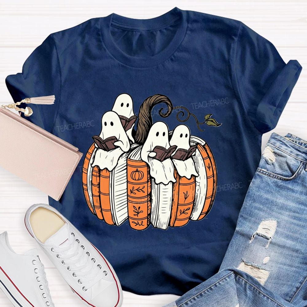 Ghosts Reading Book Pumpkin Halloween Teacher T-shirt