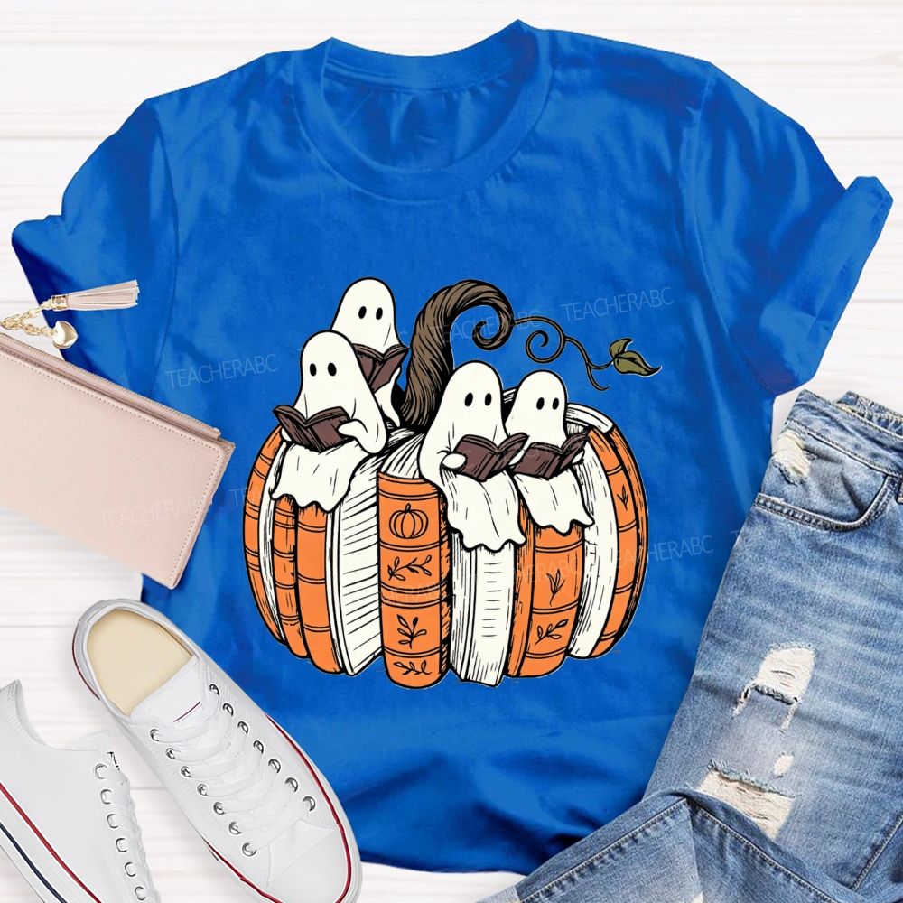Ghosts Reading Book Pumpkin Halloween Teacher T-shirt