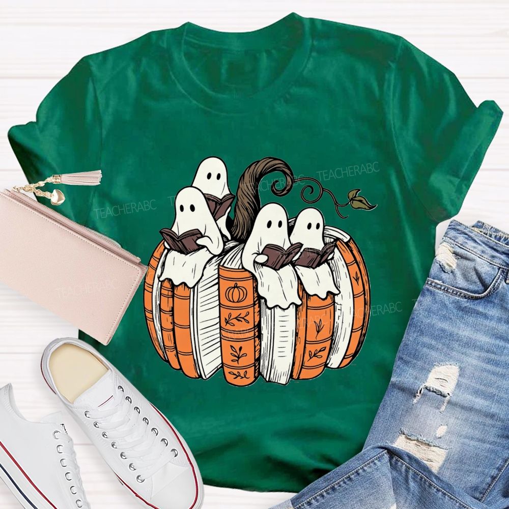 Ghosts Reading Book Pumpkin Halloween Teacher T-shirt