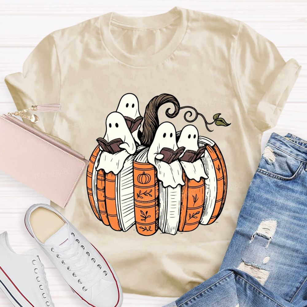 Ghosts Reading Book Pumpkin Halloween Teacher T-shirt