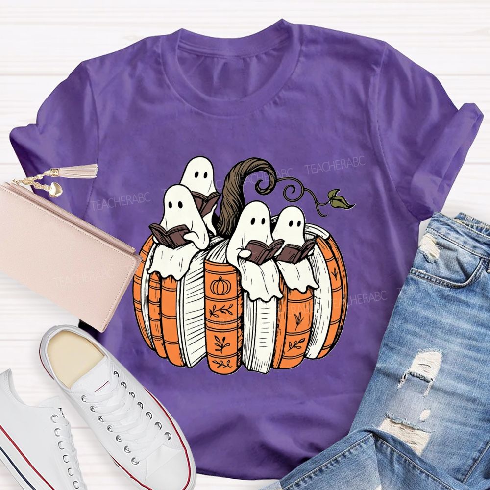 Ghosts Reading Book Pumpkin Halloween Teacher T-shirt