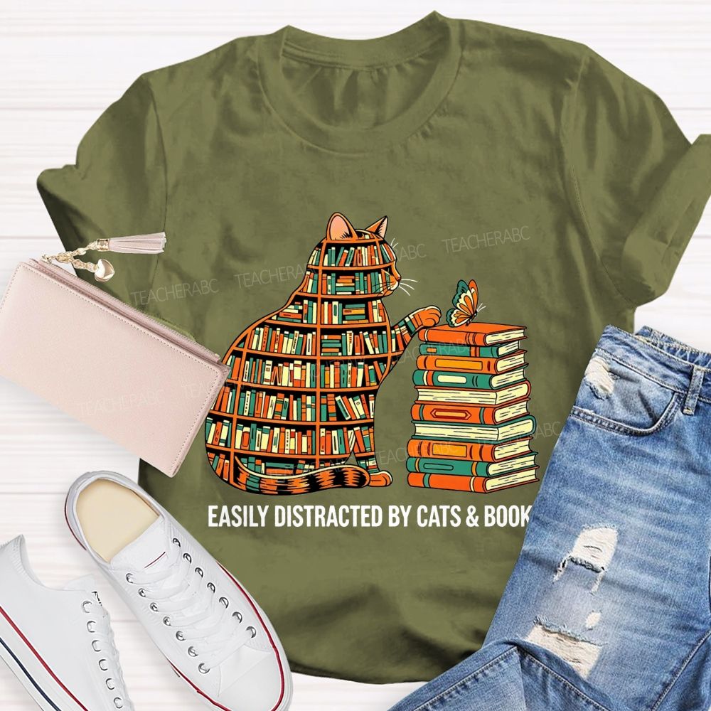 Easily Distracted By Cats And Books Teacher T-shirt
