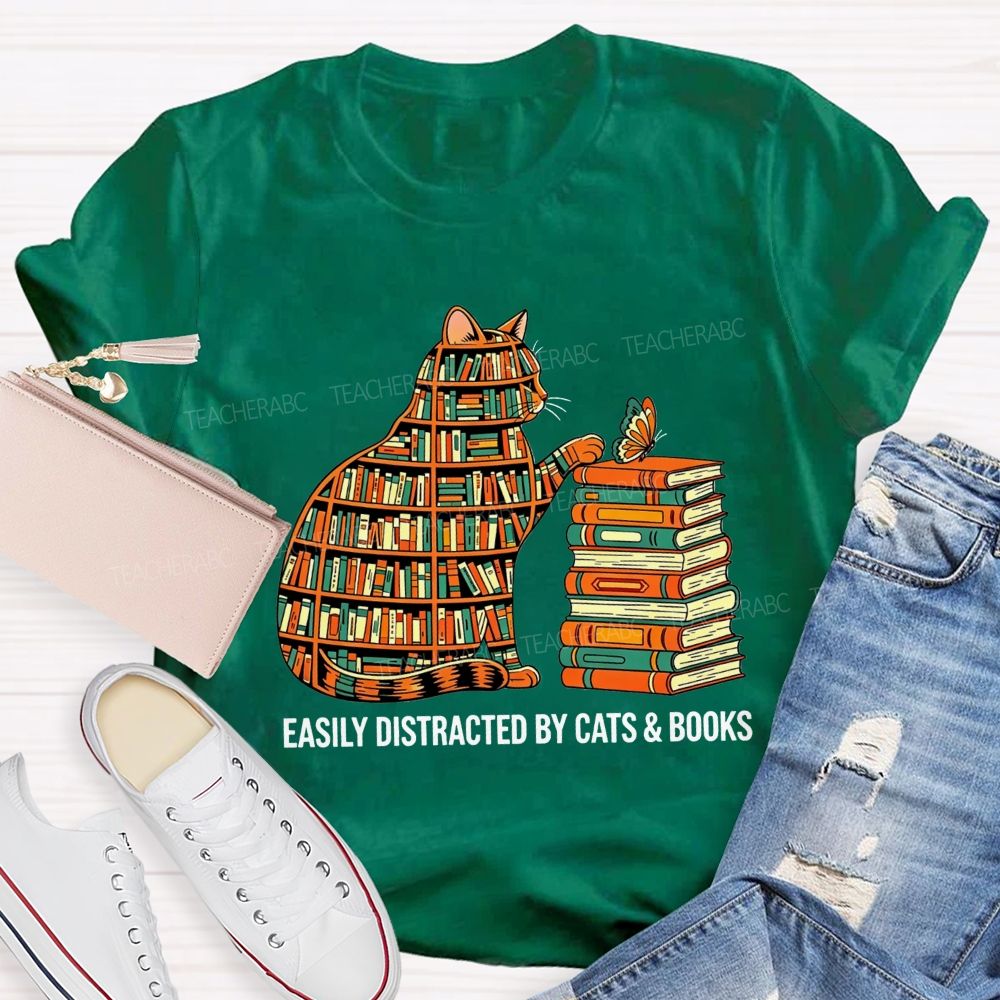 Easily Distracted By Cats And Books Teacher T-shirt