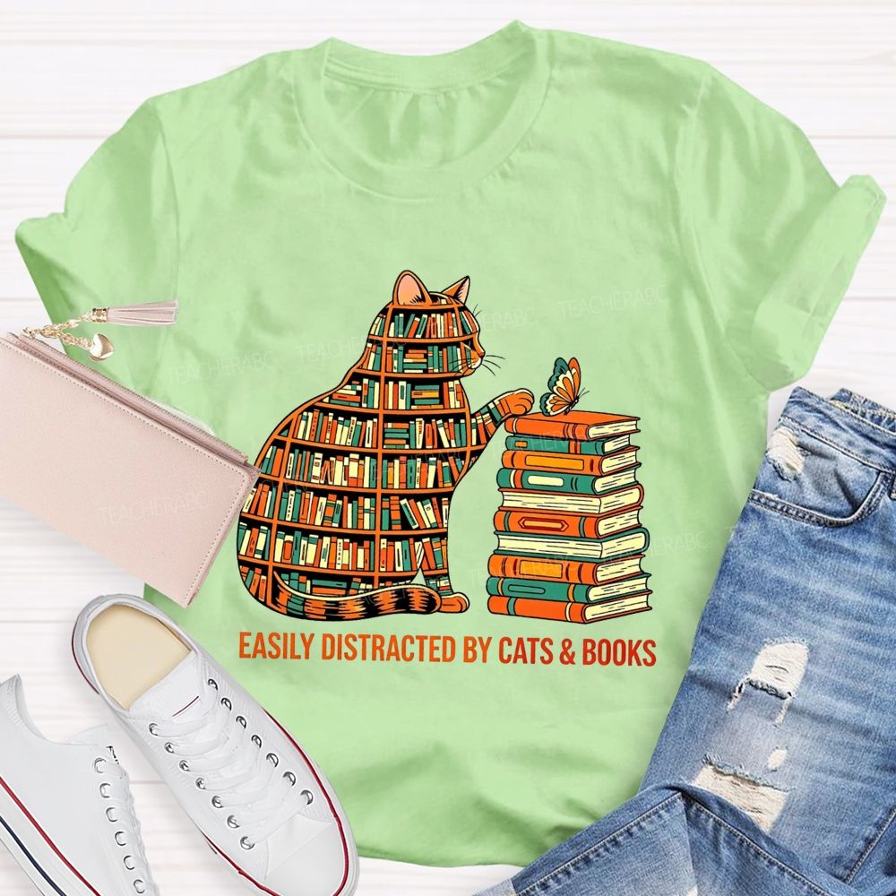 Easily Distracted By Cats And Books Teacher T-shirt