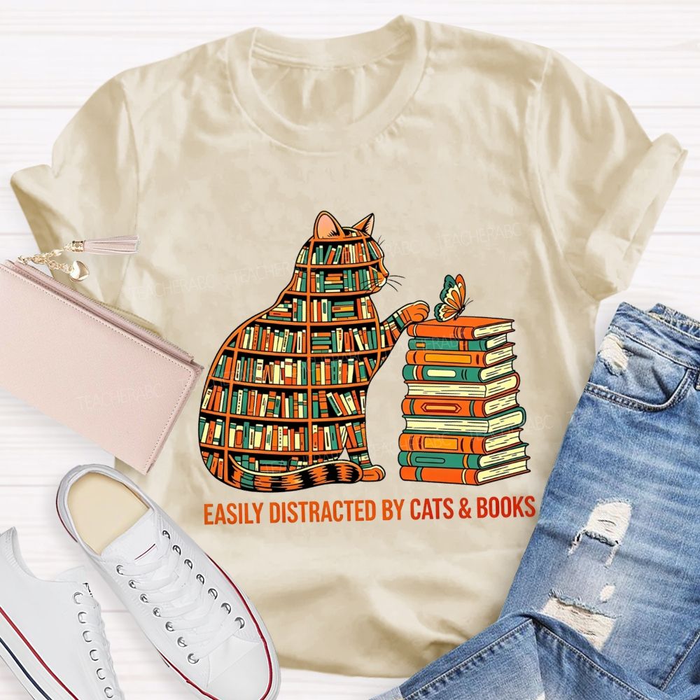Easily Distracted By Cats And Books Teacher T-shirt