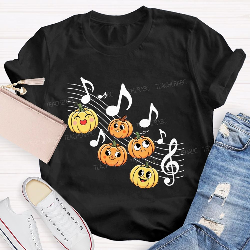 Halloween Vibes With Singing Pumpkins And Music Notes Teacher T-shirt
