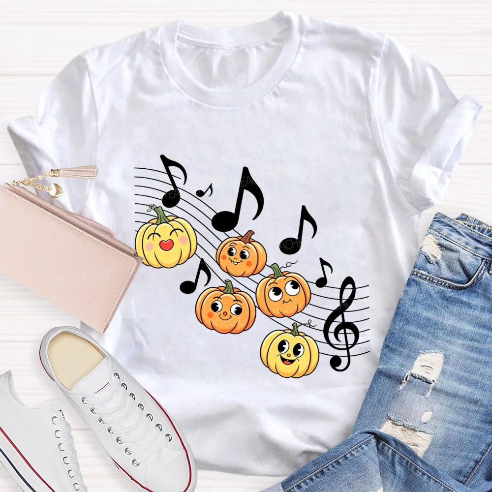 Halloween Vibes With Singing Pumpkins And Music Notes Teacher T-shirt