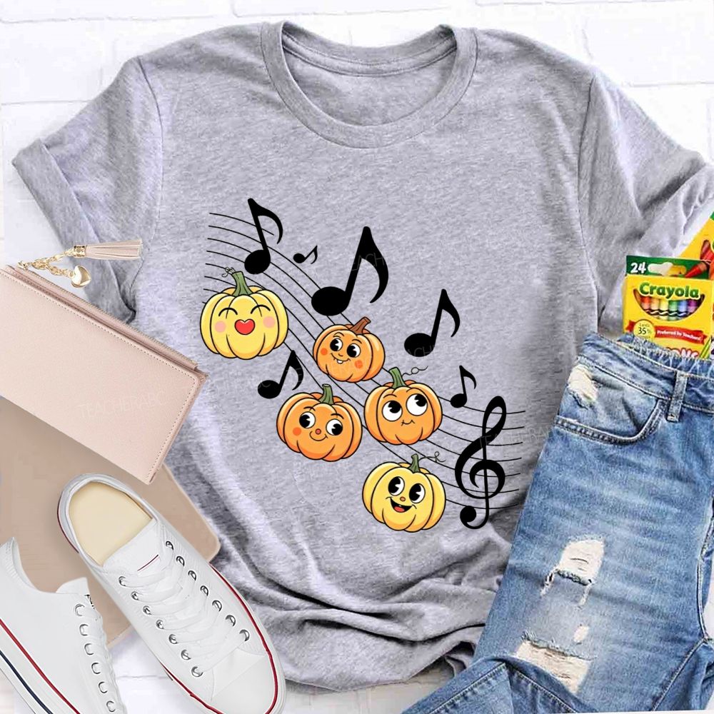 Halloween Vibes With Singing Pumpkins And Music Notes Teacher T-shirt
