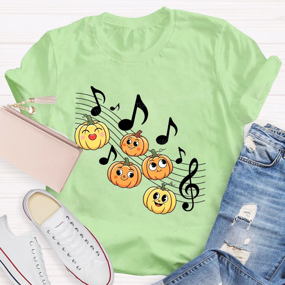 Halloween Vibes With Singing Pumpkins And Music Notes Teacher T-shirt