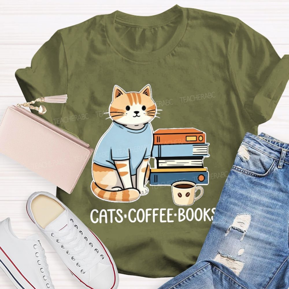 Cats Coffee Books Reading Lover Teacher T-Shirt