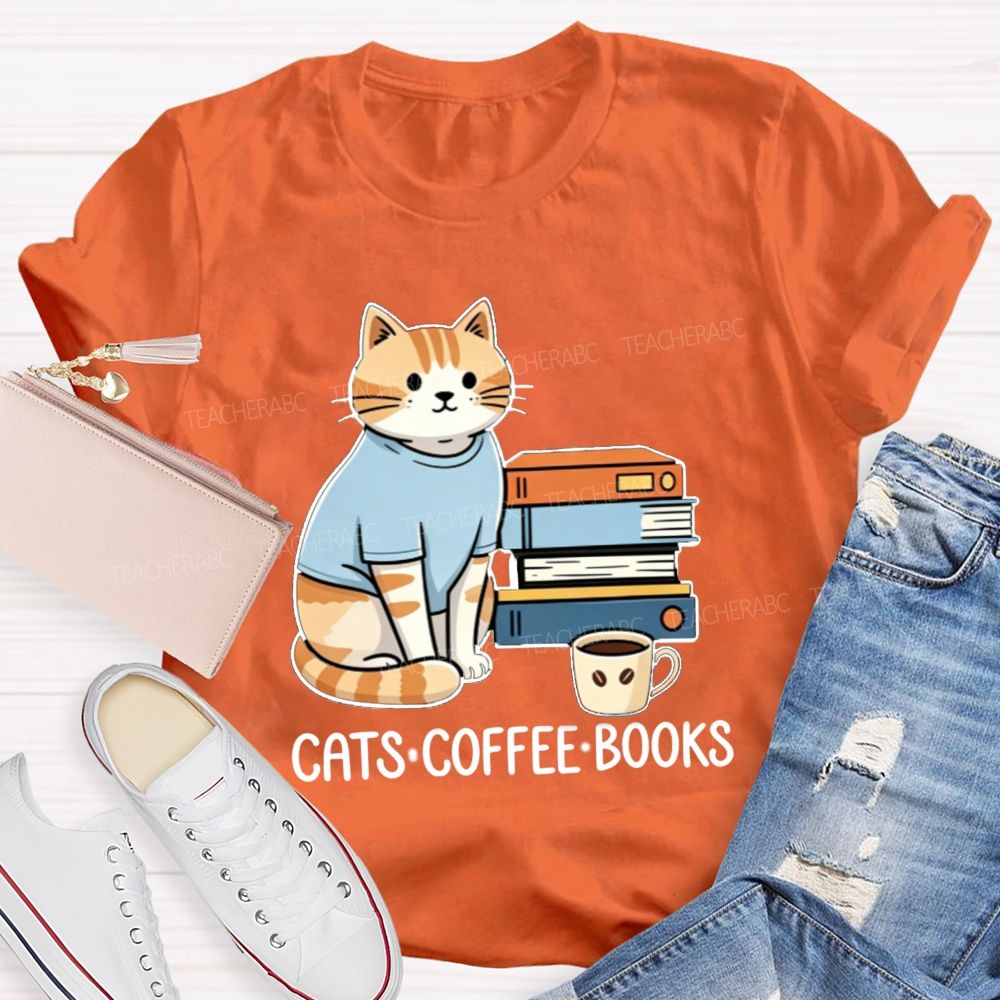 Cats Coffee Books Reading Lover Teacher T-Shirt