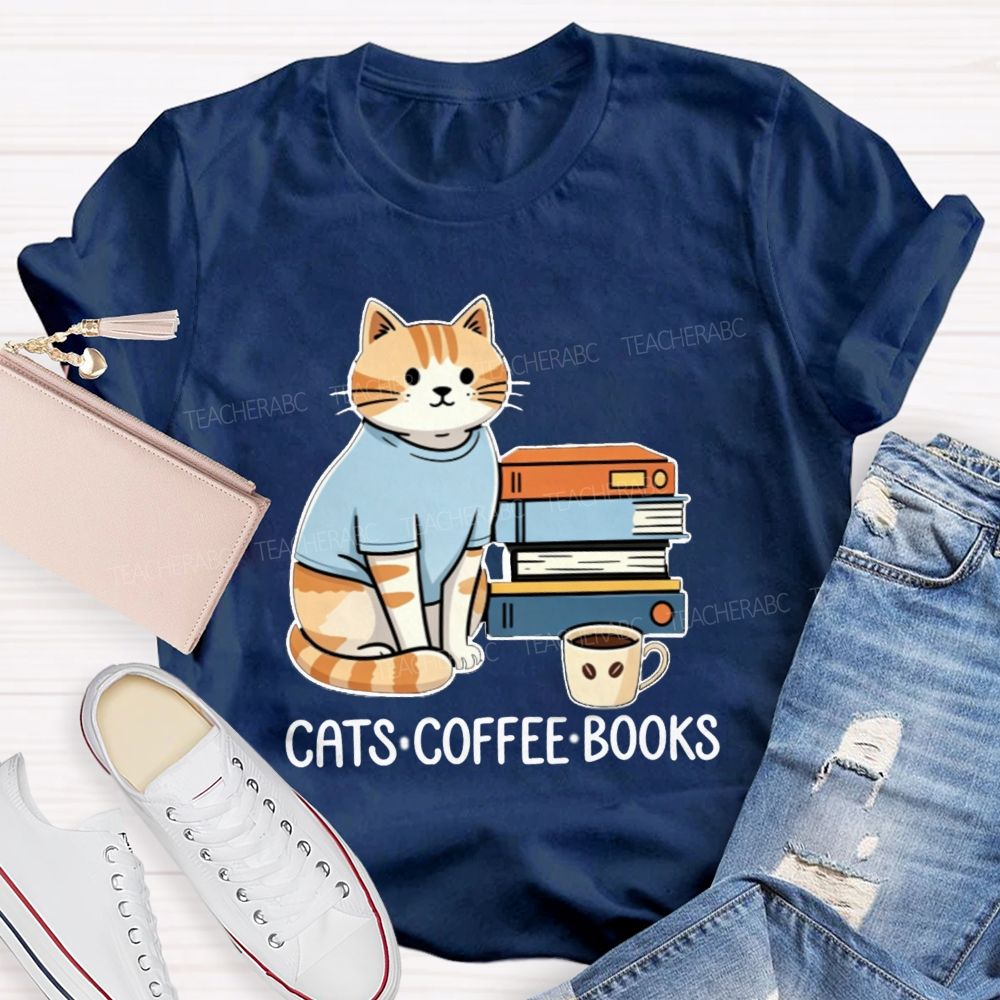 Cats Coffee Books Reading Lover Teacher T-Shirt