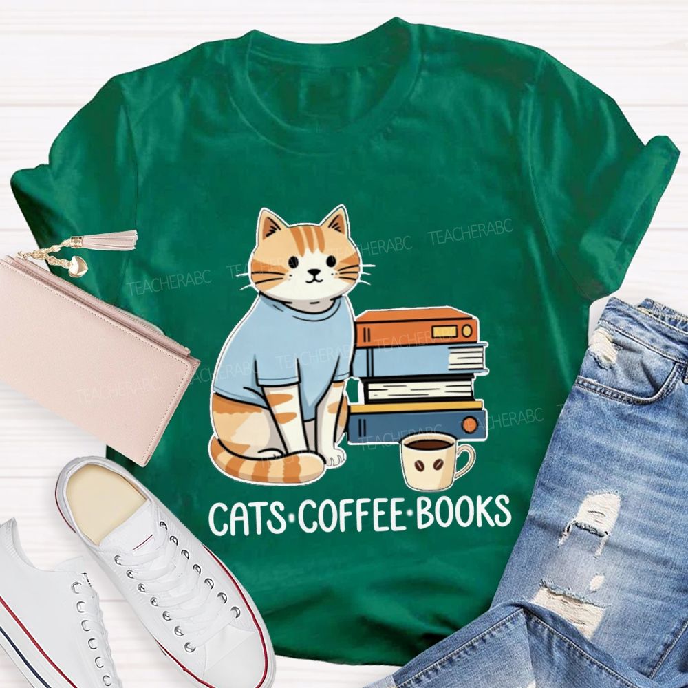 Cats Coffee Books Reading Lover Teacher T-Shirt