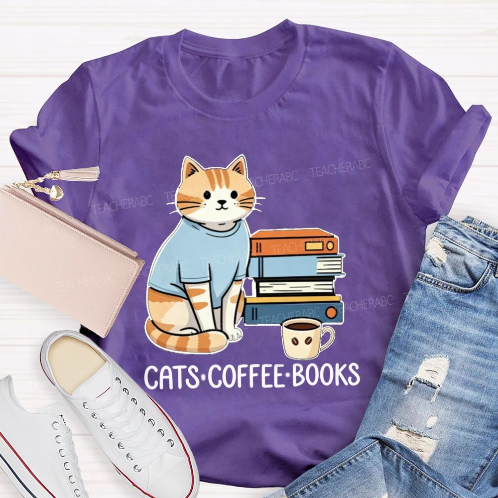 Cats Coffee Books Reading Lover Teacher T-Shirt