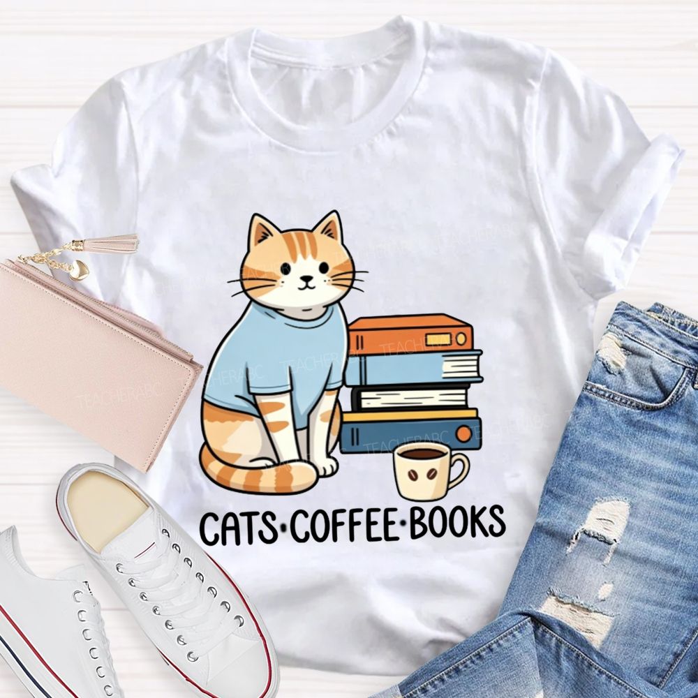 Cats Coffee Books Reading Lover Teacher T-Shirt