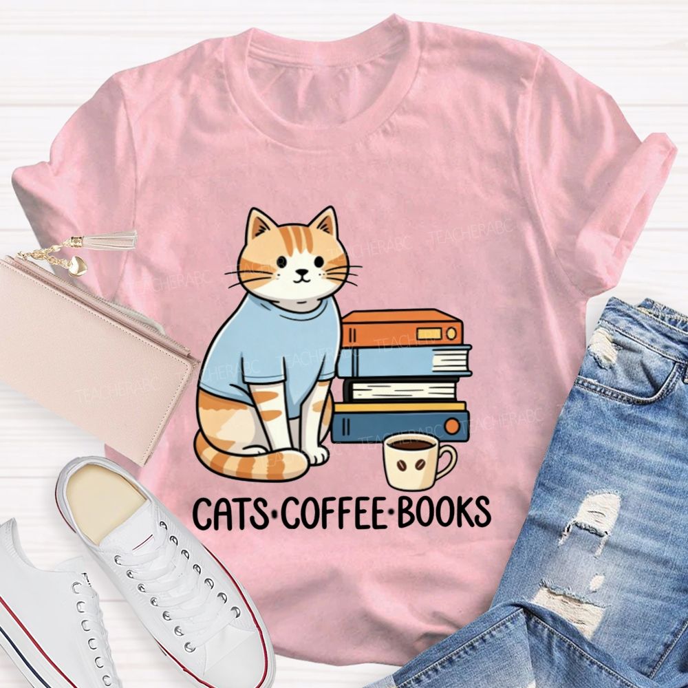 Cats Coffee Books Reading Lover Teacher T-Shirt