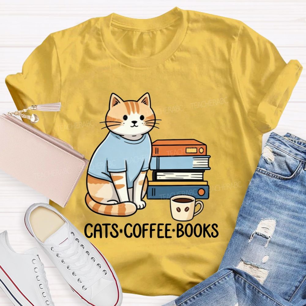 Cats Coffee Books Reading Lover Teacher T-Shirt