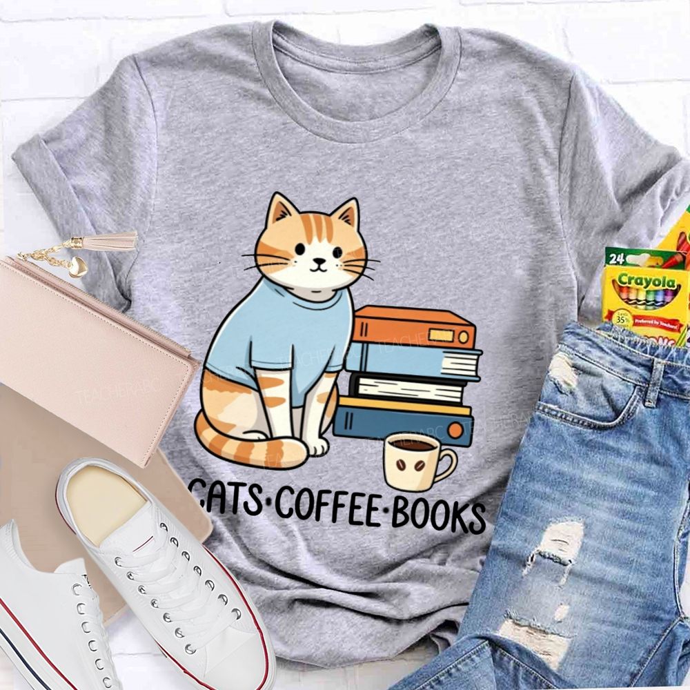 Cats Coffee Books Reading Lover Teacher T-Shirt