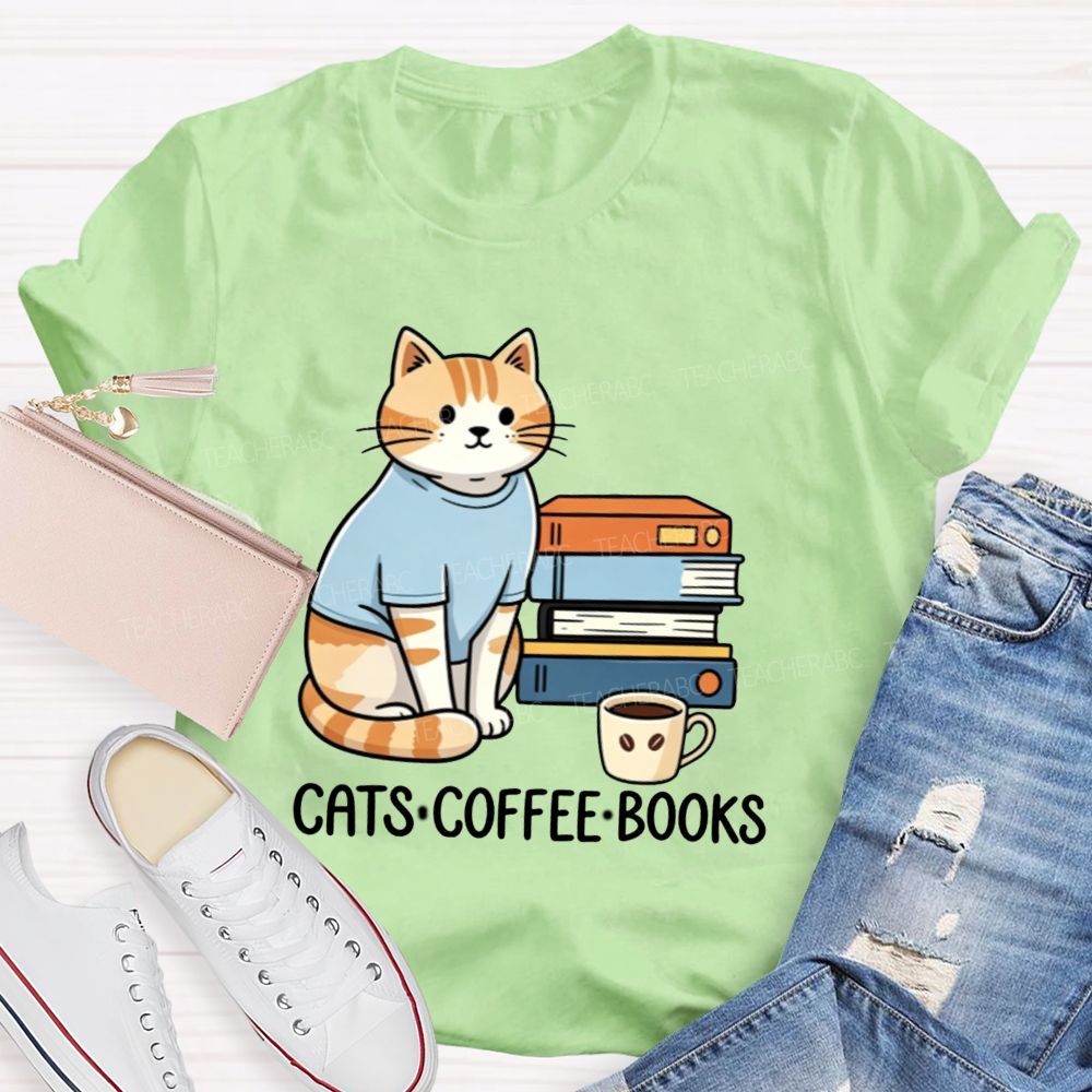Cats Coffee Books Reading Lover Teacher T-Shirt